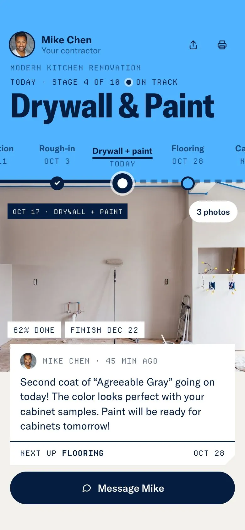 A live kitchen timeline on a phone: Drywall and paint today, stage 4 of 10, on track