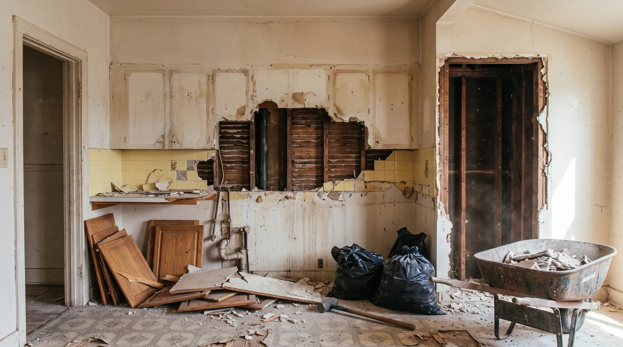 The kitchen gutted: old cabinets torn out, holes in the walls, debris bagged on the floor