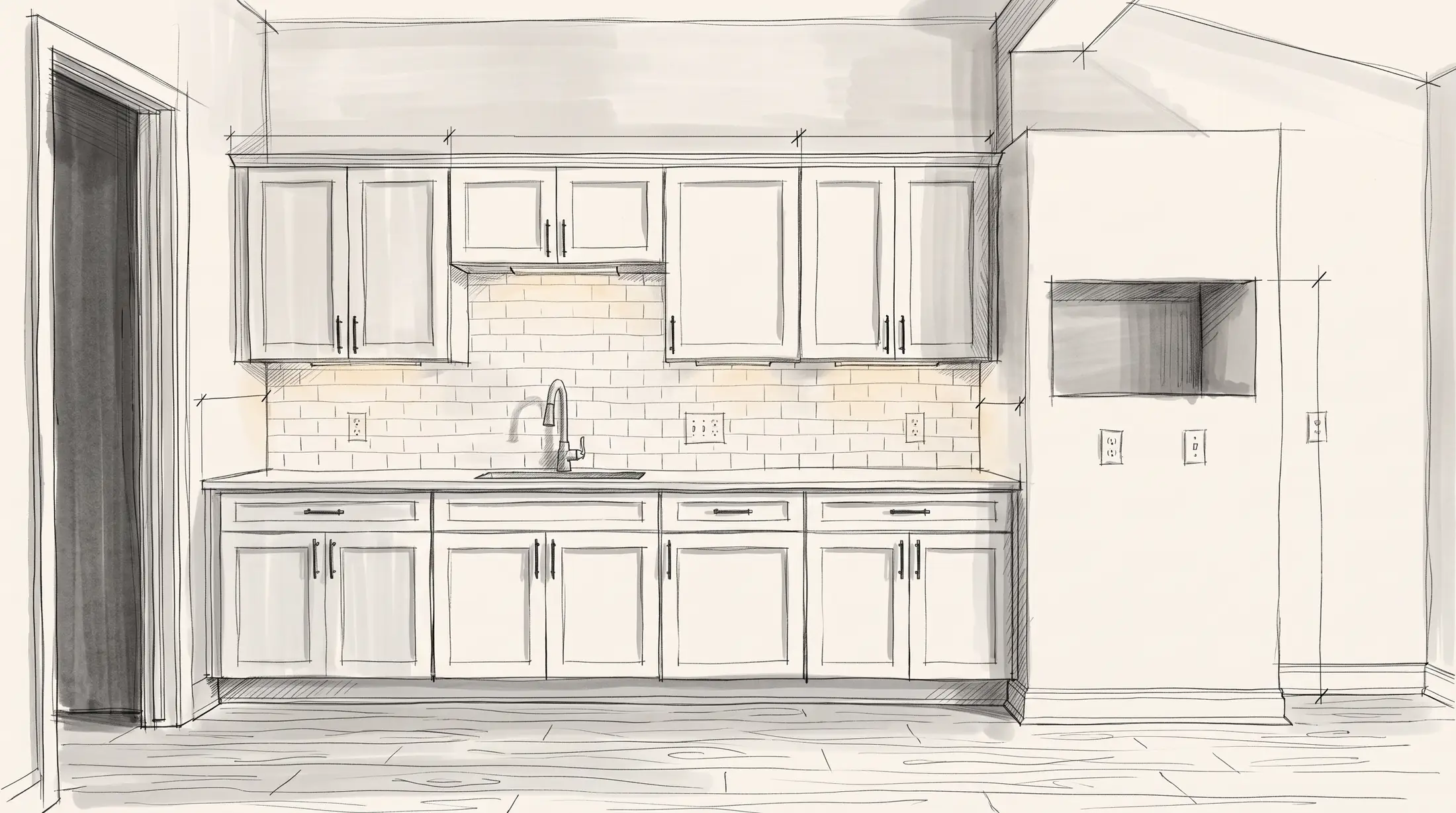 The kitchen drawn up in pencil: shaker cabinets, a subway tile backsplash and the sink under the window