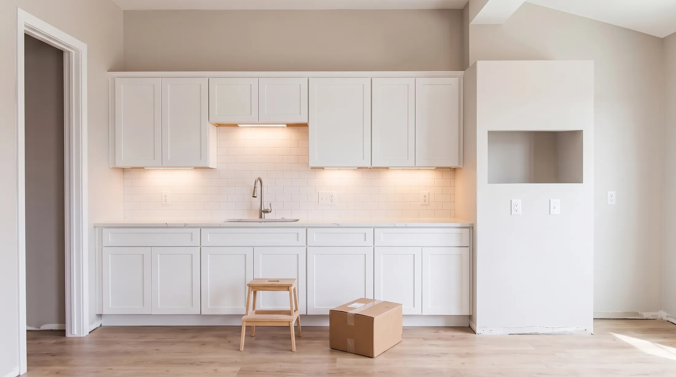 The same room with the faucet in and the under-cabinet lights on