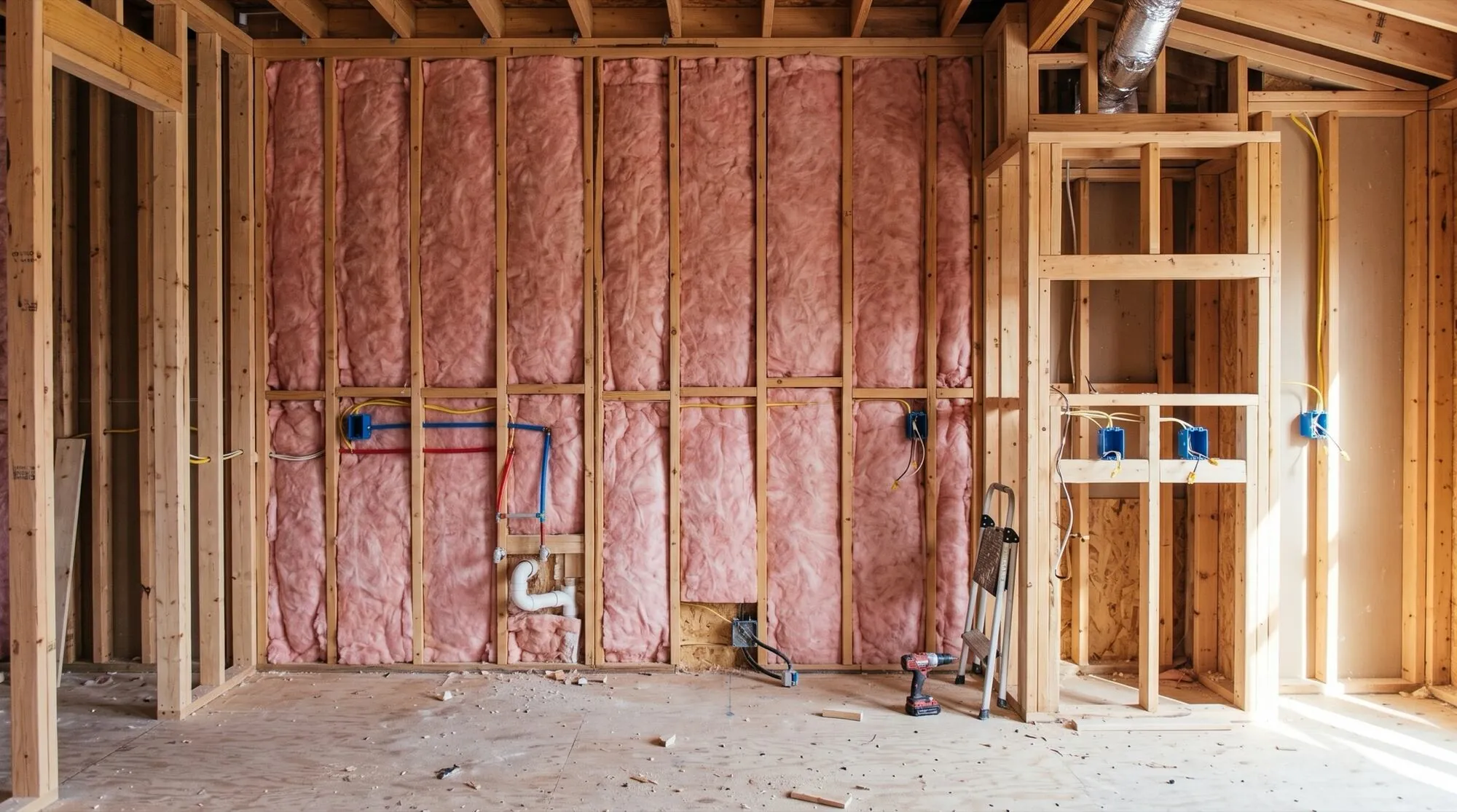 The same room at rough-in: open stud walls, insulation, new wiring and plumbing