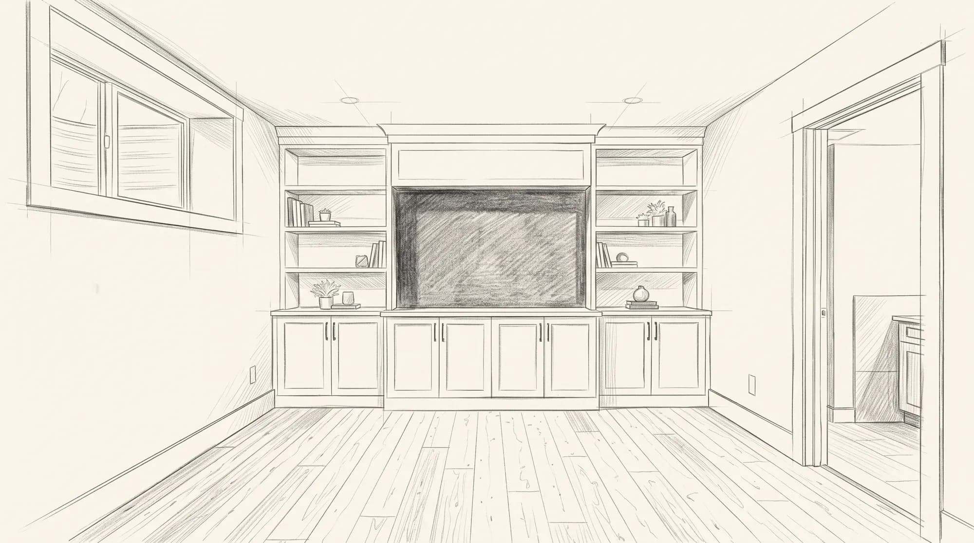 The basement drawn up in pencil: the media wall, the family room and the bathroom off to the side