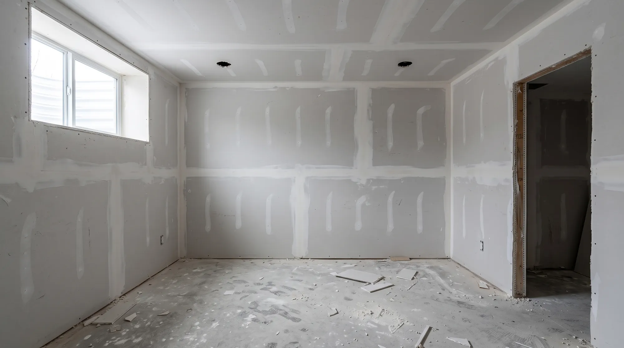 The same basement with the board up and the first coat of mud on the seams