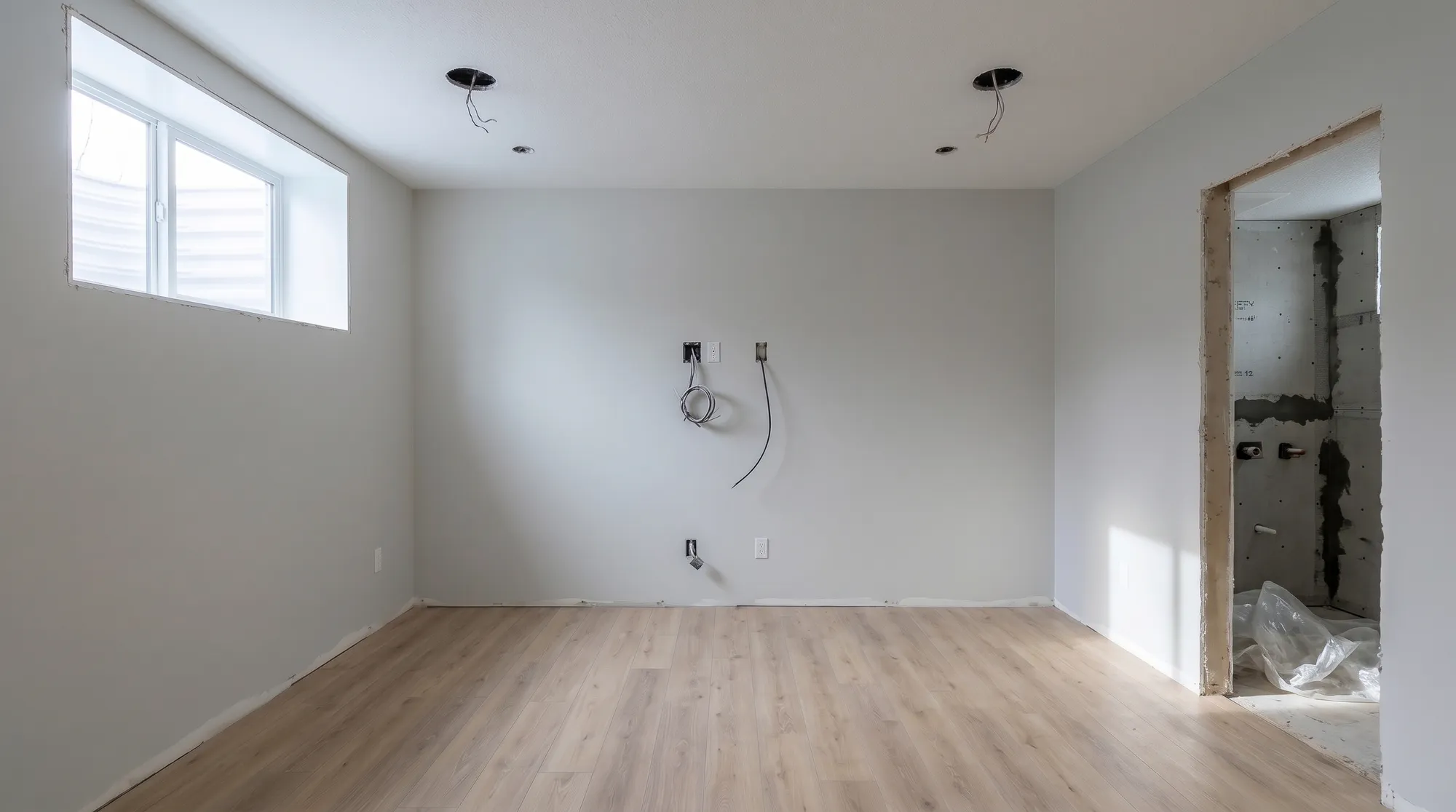 The same basement with the plank floor laid