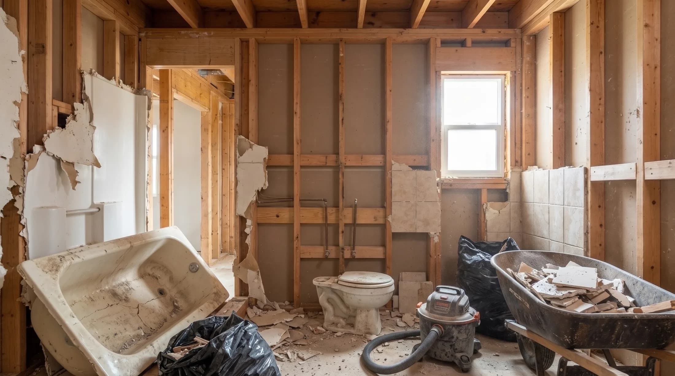 The bathroom gutted: old tile broken off the walls, the old tub pulled out, debris on the floor