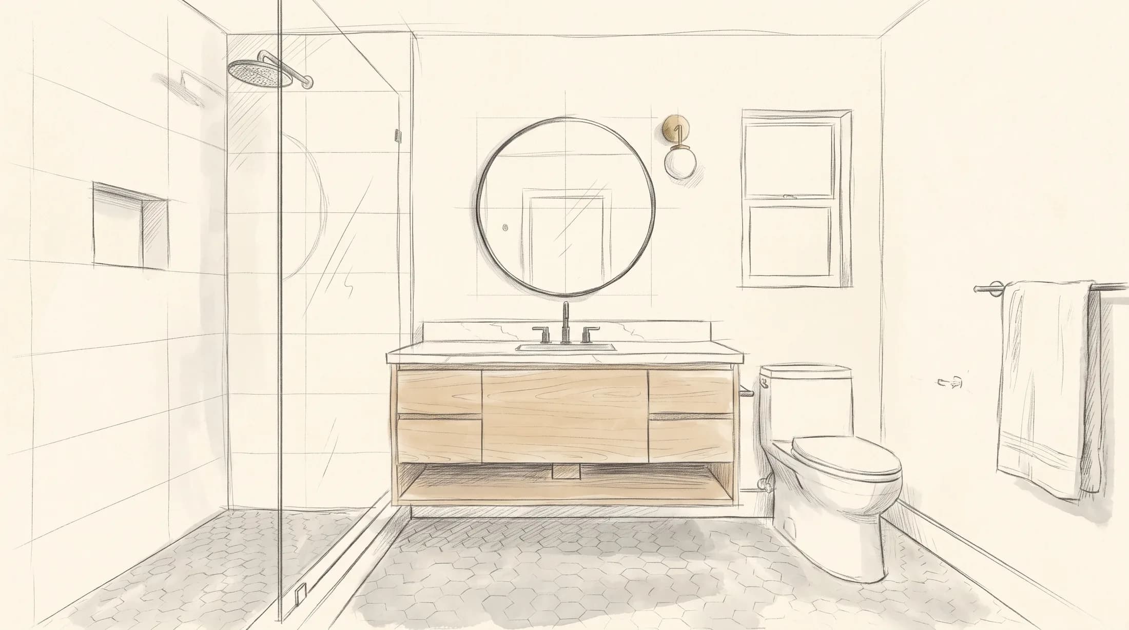 The bathroom drawn up in pencil: the walk-in shower, the floating vanity, the toilet and the window