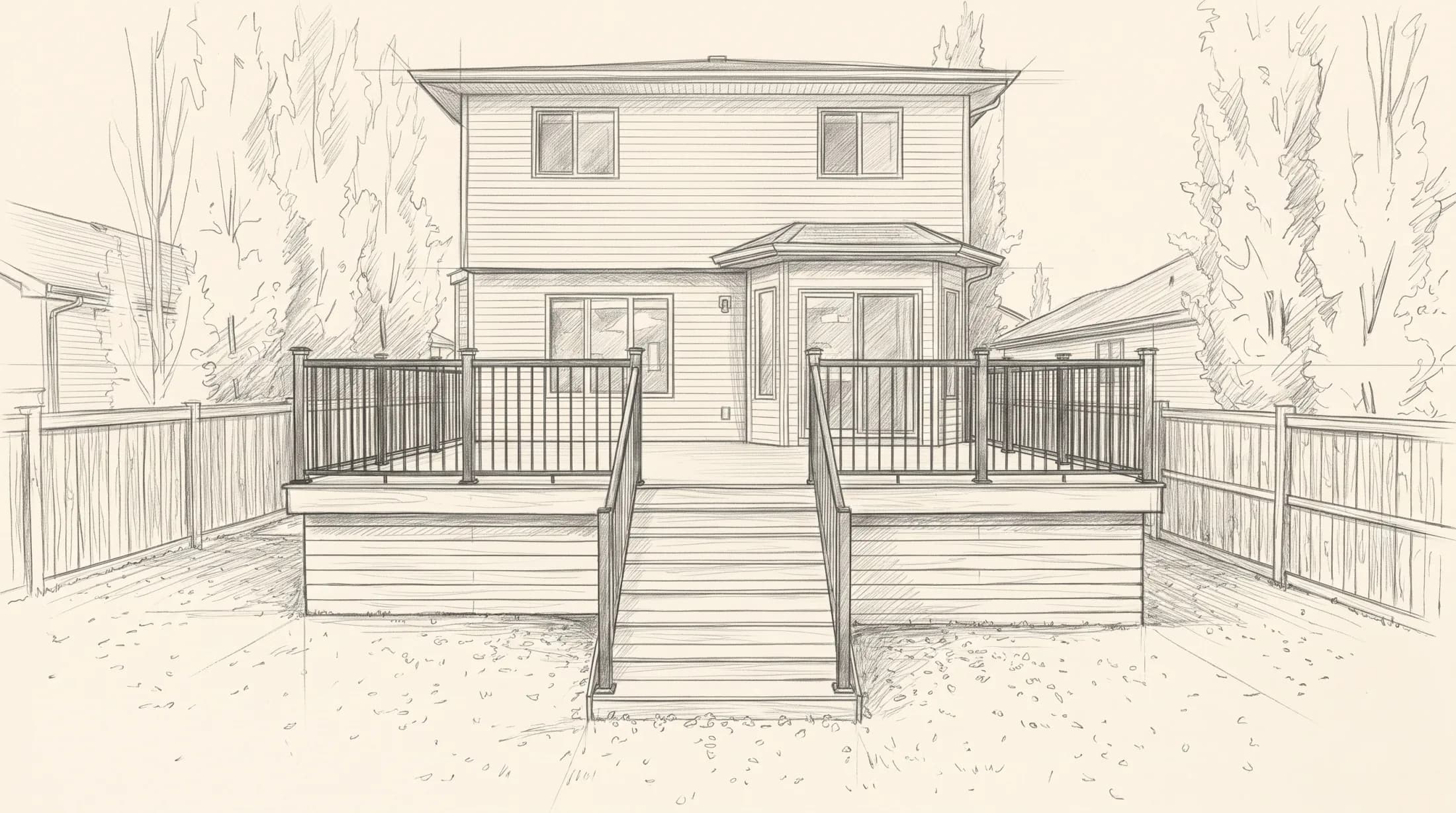 The deck drawn up in pencil against the back of the house: the frame, the wide stairs and the railings