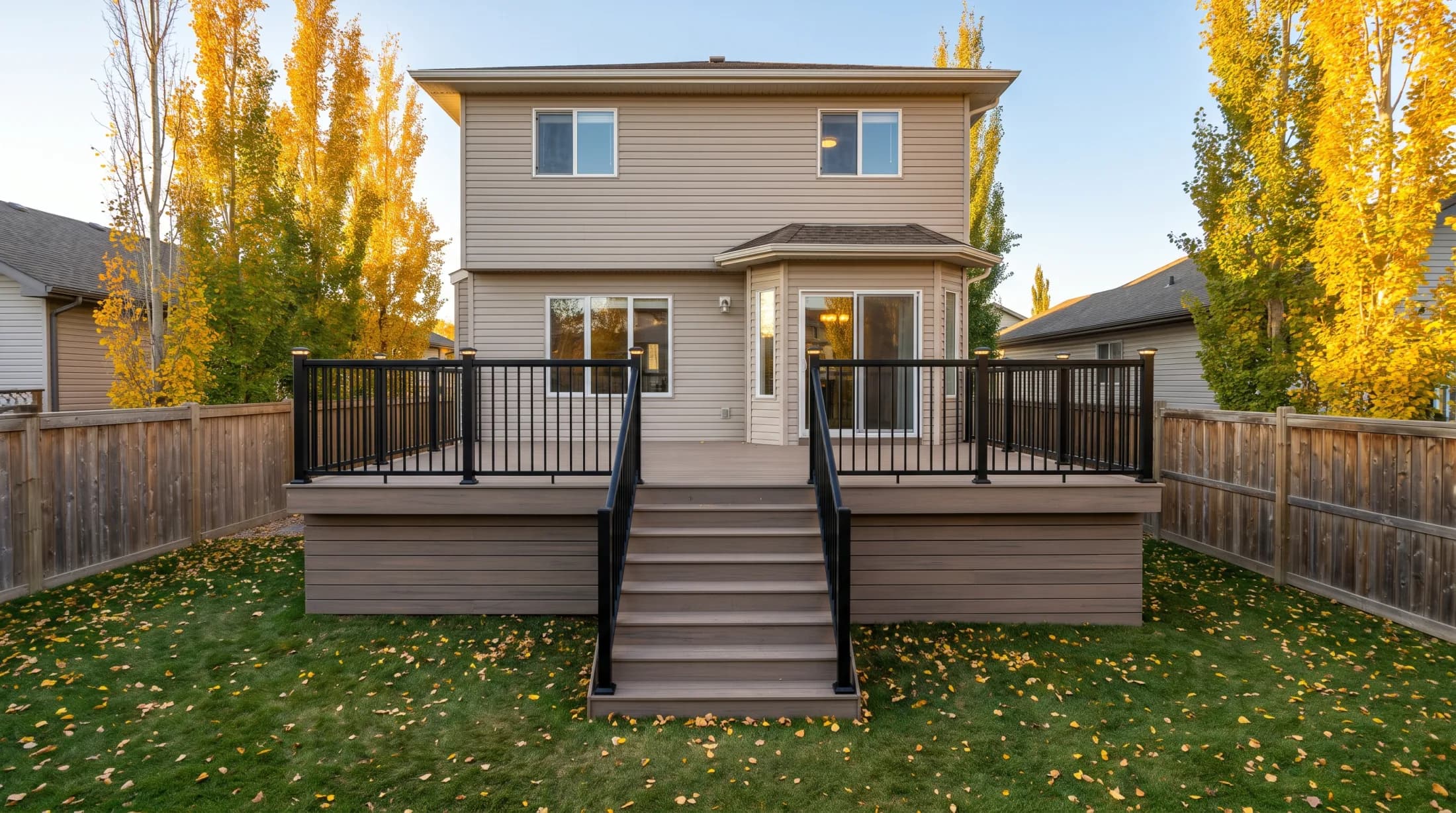 The deck finished: composite boards, black aluminum railings, wide stairs to the lawn and the post-cap lights on