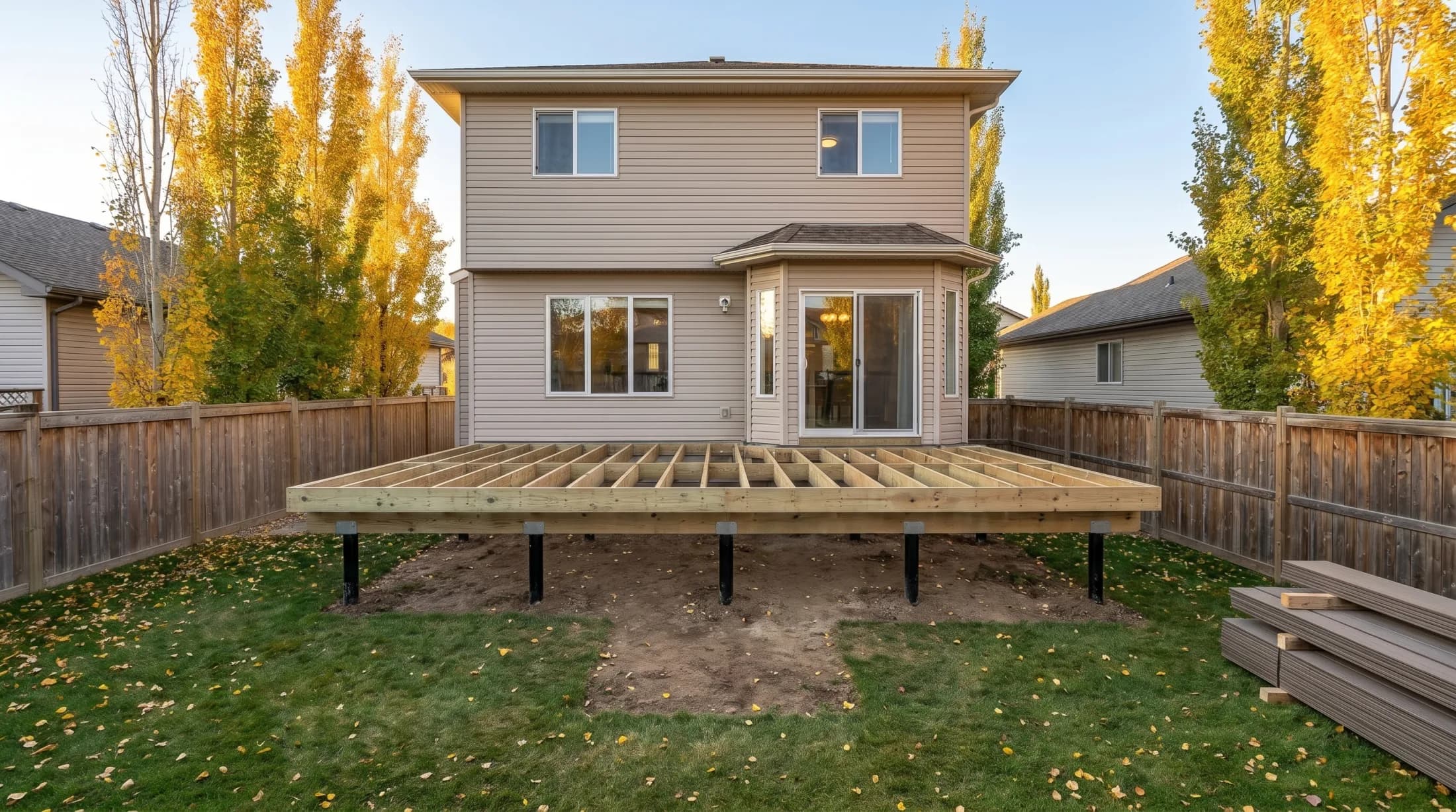 The same yard with the new deck framed on the piles, joists and blocking in