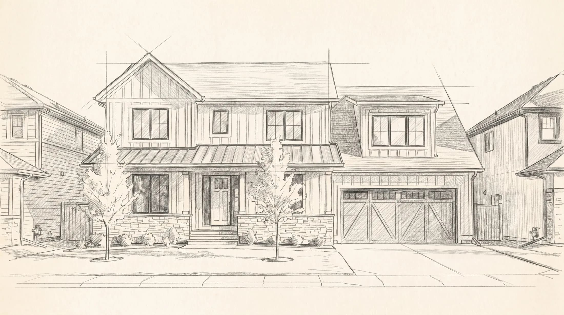 The house drawn up in pencil: two storeys, board-and-batten siding, a covered stone porch and an attached garage