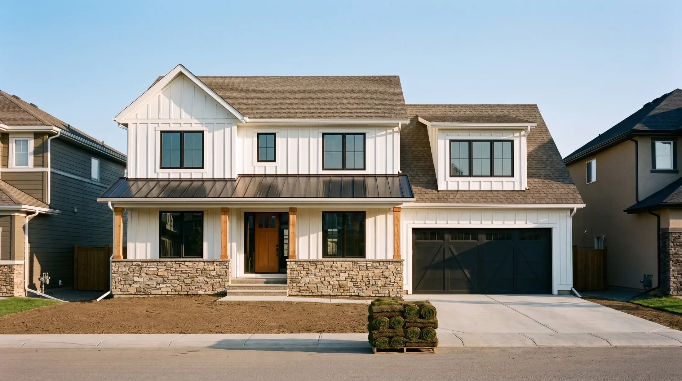 The same house with the driveway and front walk poured, the yard graded for sod