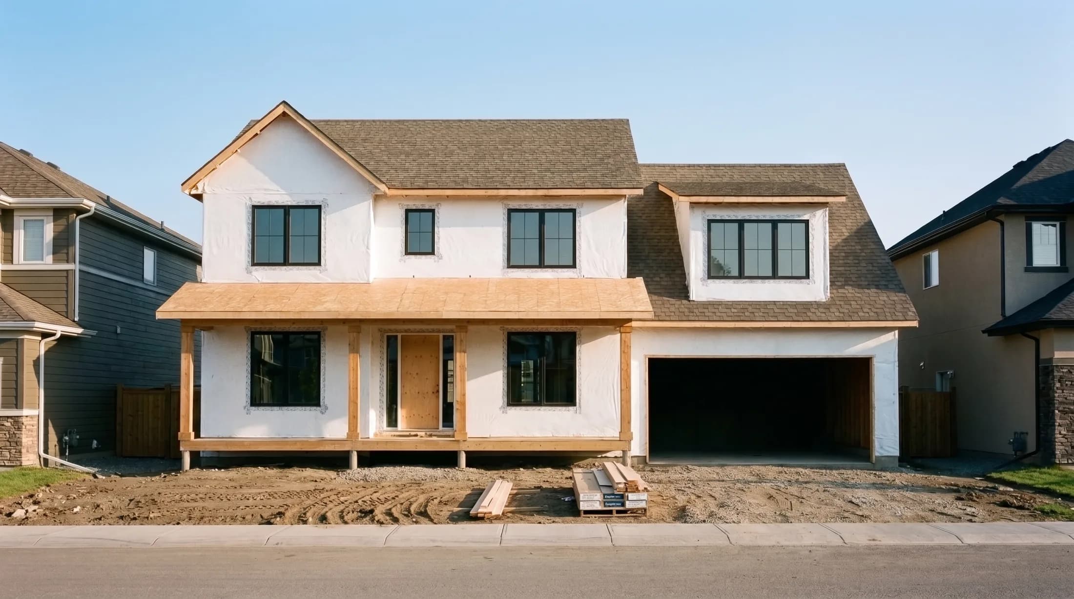 The same house with the roof shingled, every window in and the house wrapped