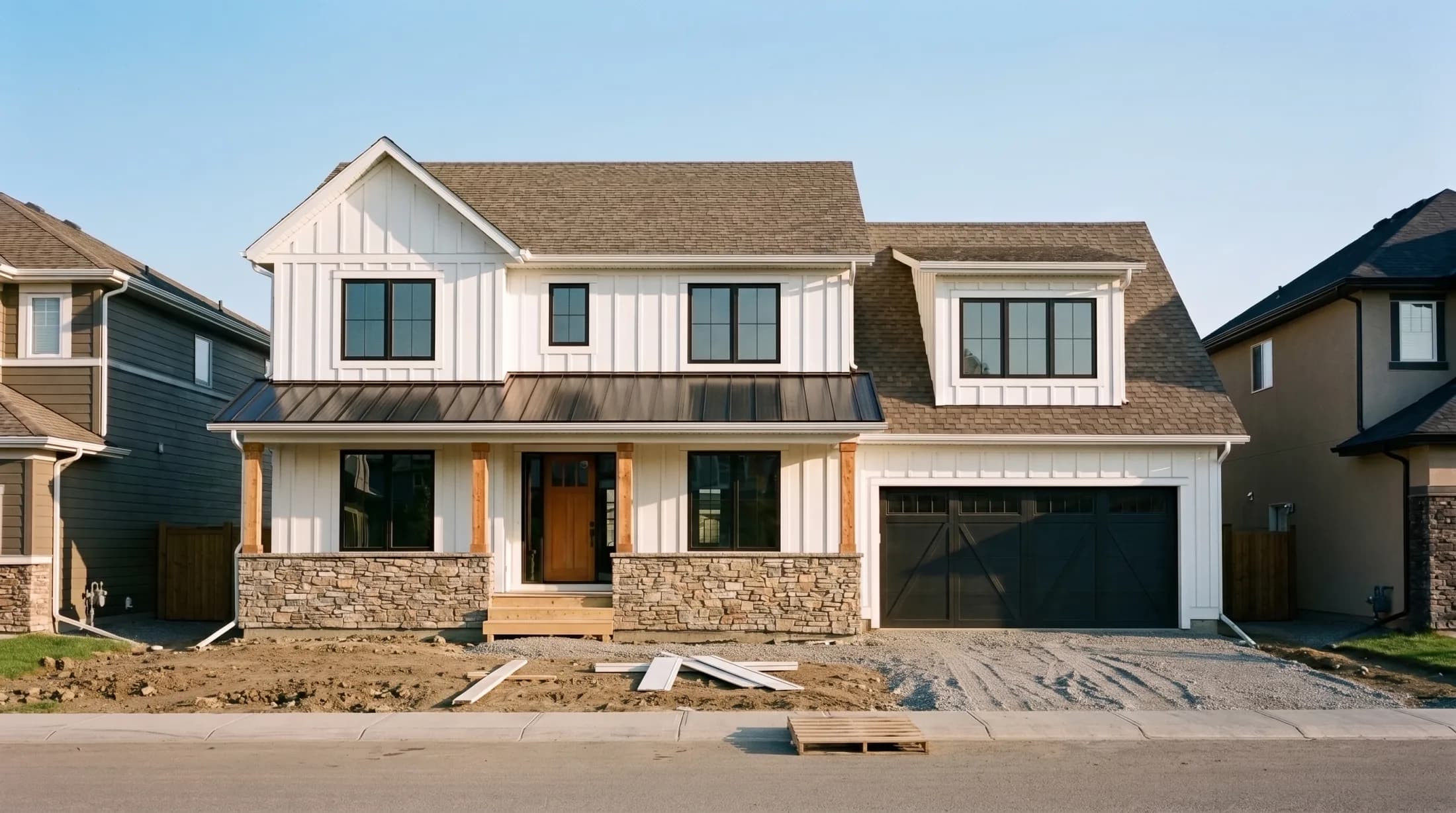 The same house with the cedar front door and the black garage door in, the yard still gravel