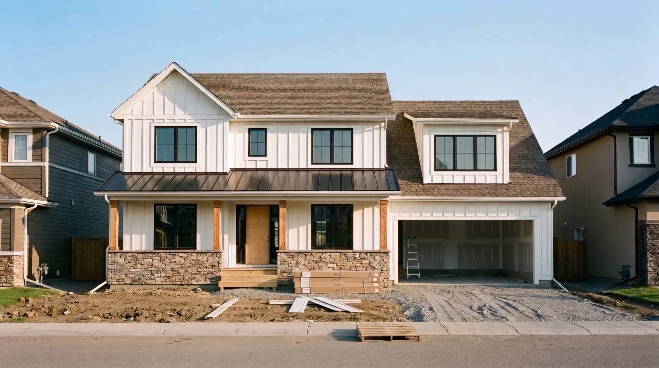 The same house with the white board-and-batten and the stone porch on, the garage still open