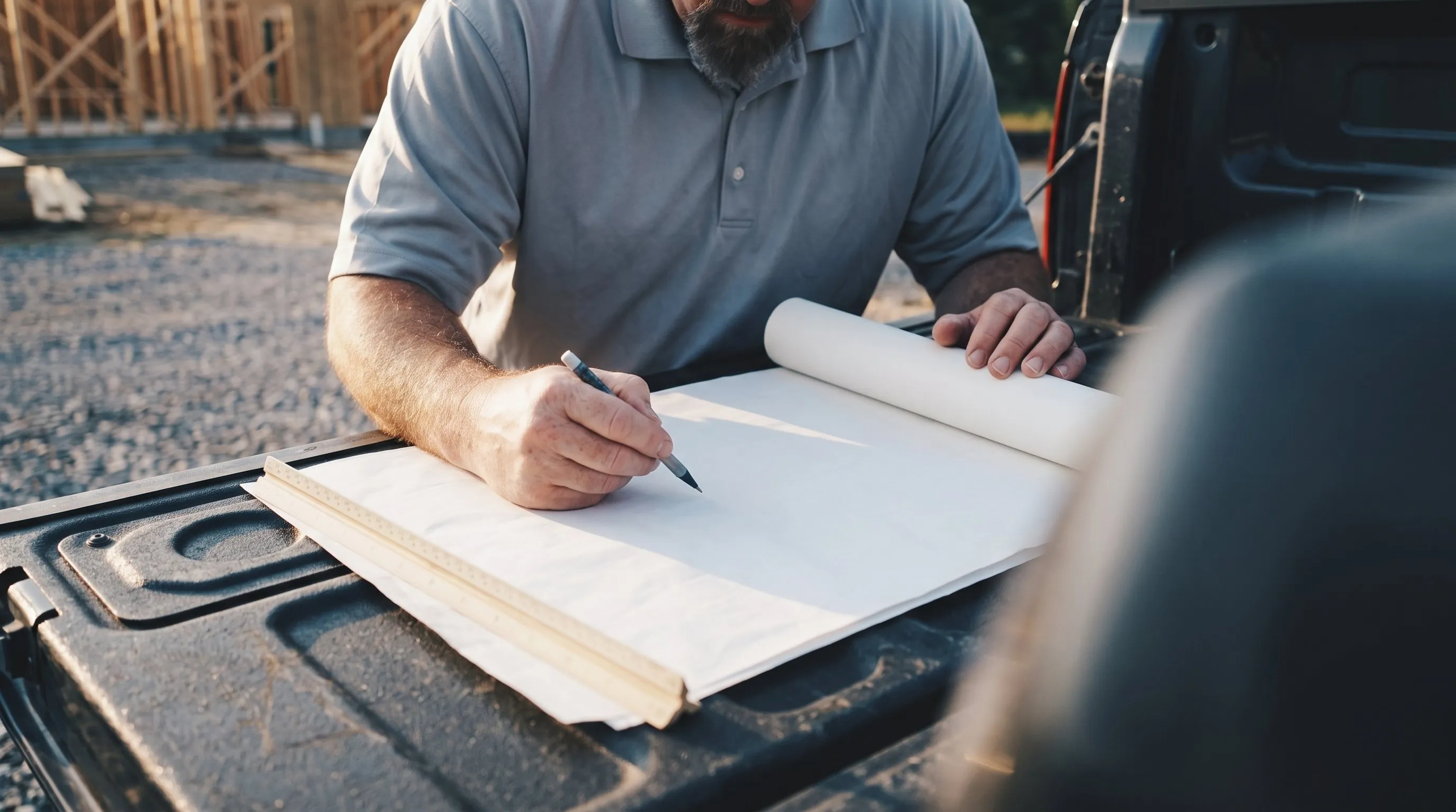 A contractor at first light, pencil on a plan sheet laid on his pickup's tailgate