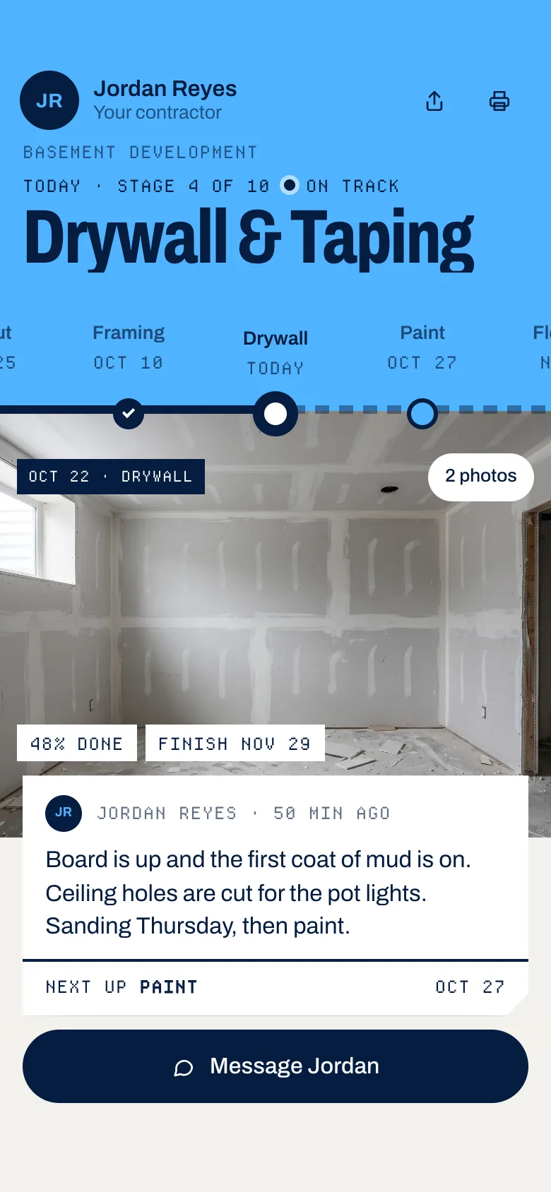 The Patels’ live basement timeline on their phone: Drywall & Taping today, stage 4 of 10, on track