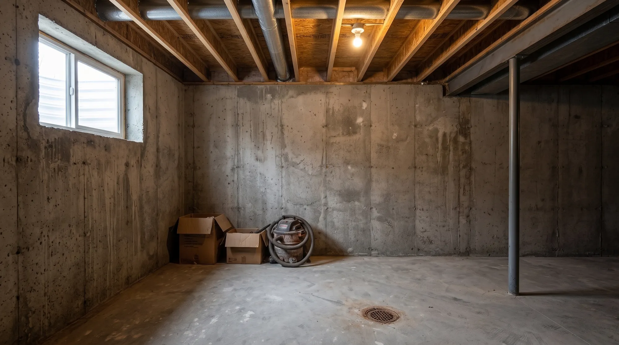 The Patels’ basement before: bare concrete walls and open joists