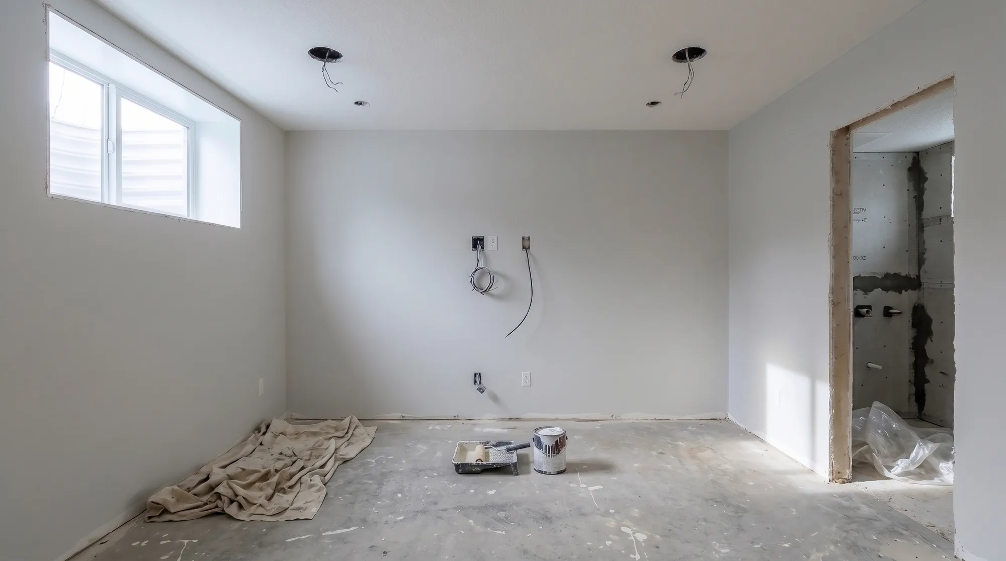 The same basement painted, the floor still bare concrete