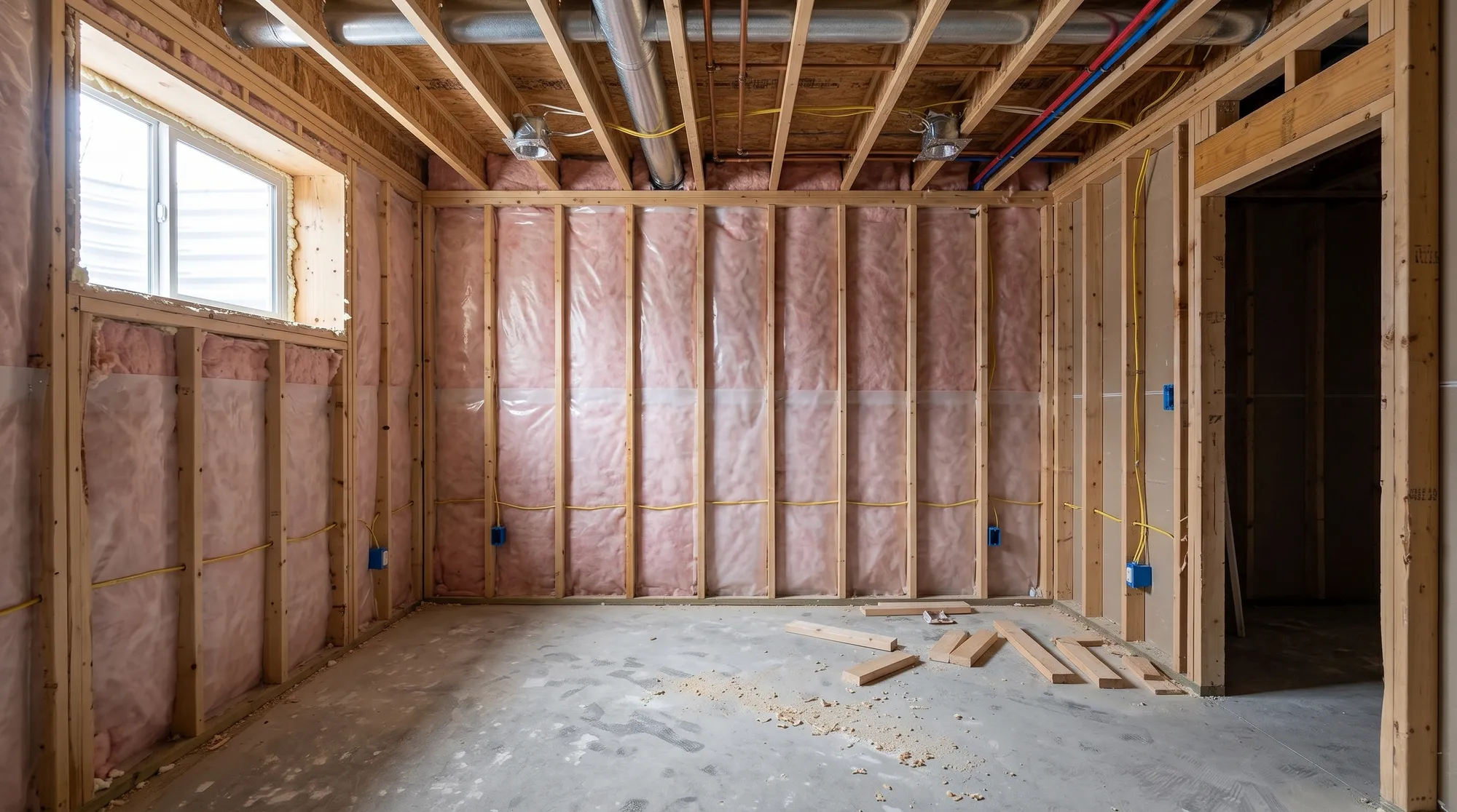 The same basement framed: studs, pink insulation, new wiring and ductwork