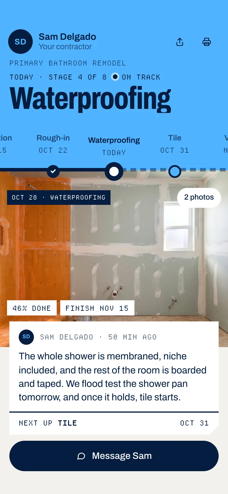 The Harrises’ live bathroom timeline on their phone: Waterproofing & Board today, stage 4 of 8, on track