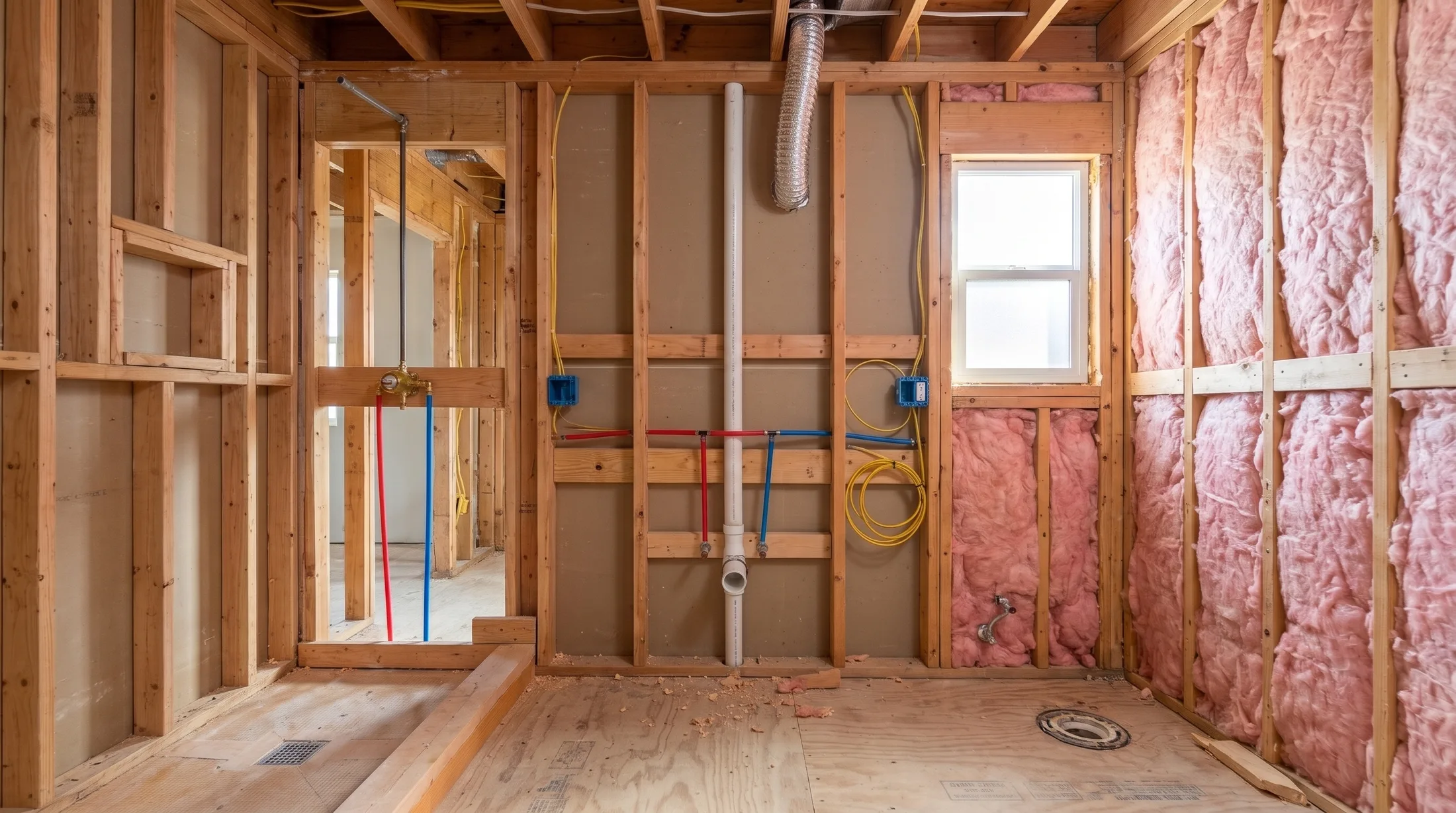The same bathroom at rough-in: the new shower valve, drain lines, wiring and insulation in open stud walls