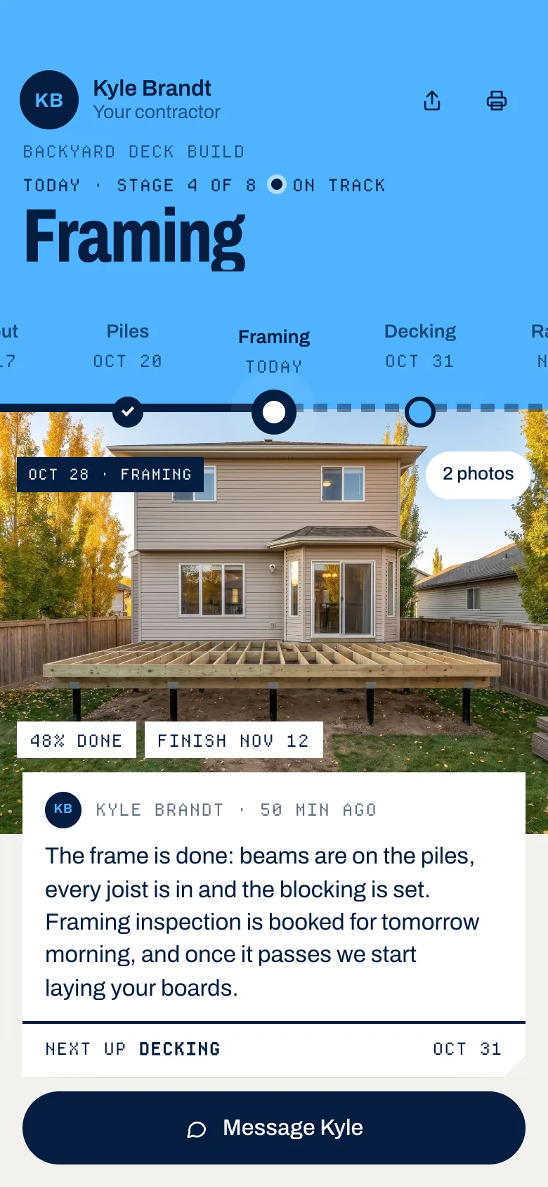 The Novaks’ live deck timeline on their phone: Framing today, stage 4 of 8, on track