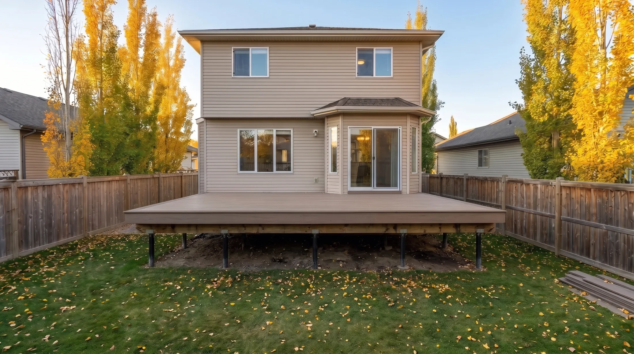 The same deck with the grey composite boards and fascia on, no railings or stairs yet, the piles still showing