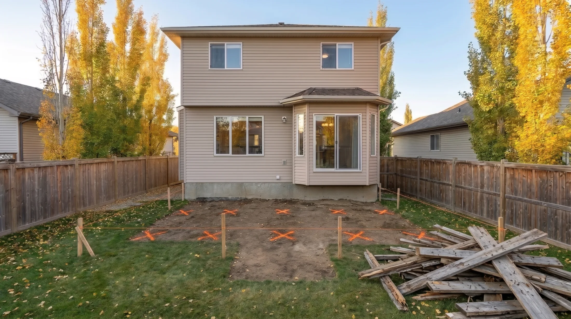The Novaks’ backyard with the old deck torn out, the layout strung and every pile spot marked in orange