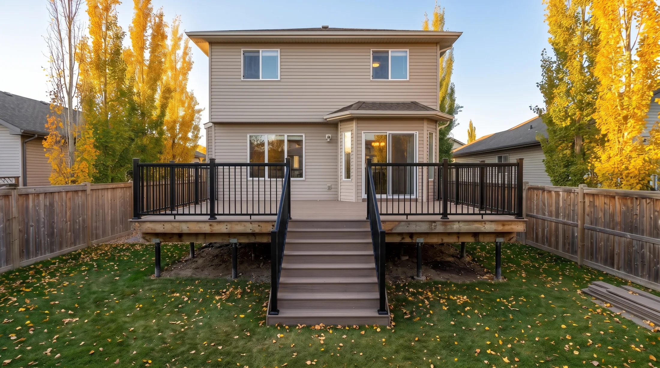 The same deck with the black aluminum railings and the wide stairs on, the skirting still to go