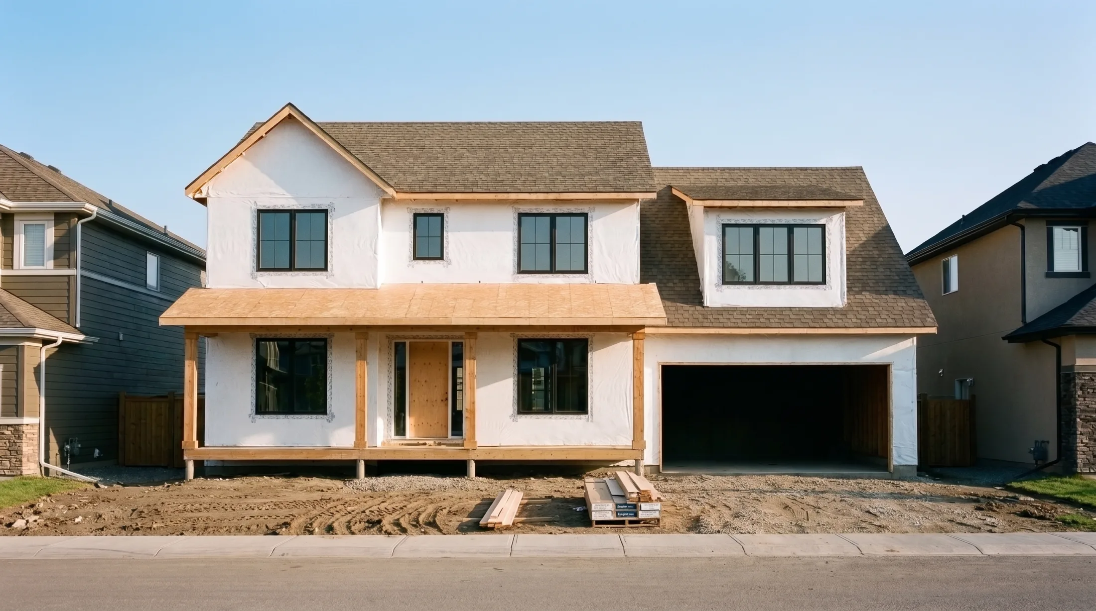 The same house today: roof shingled, every window in, the house wrapped