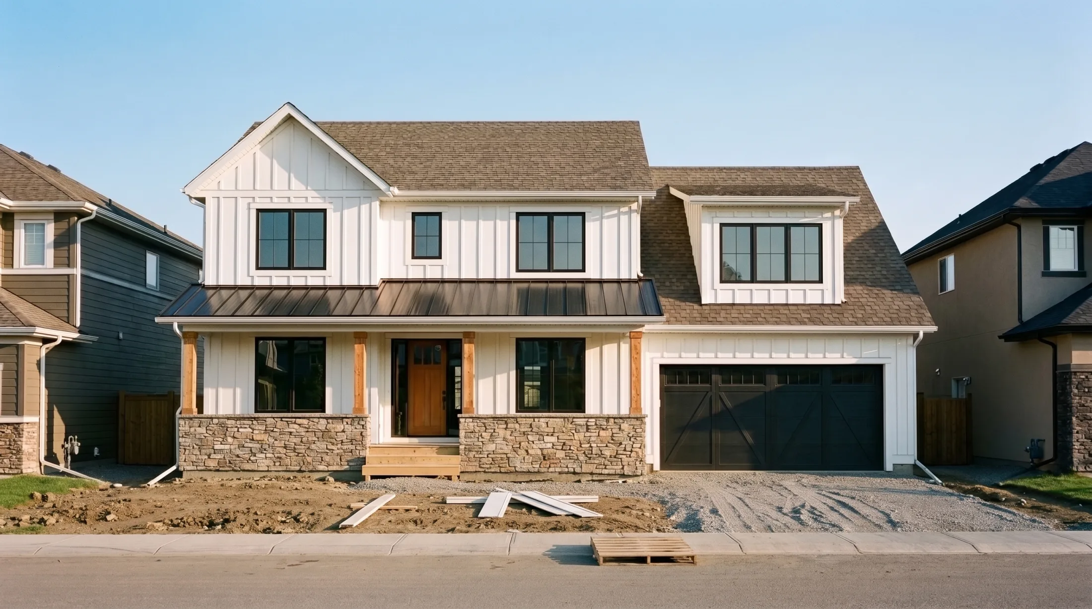 The same house with the cedar front door and the black garage door in, the yard still gravel