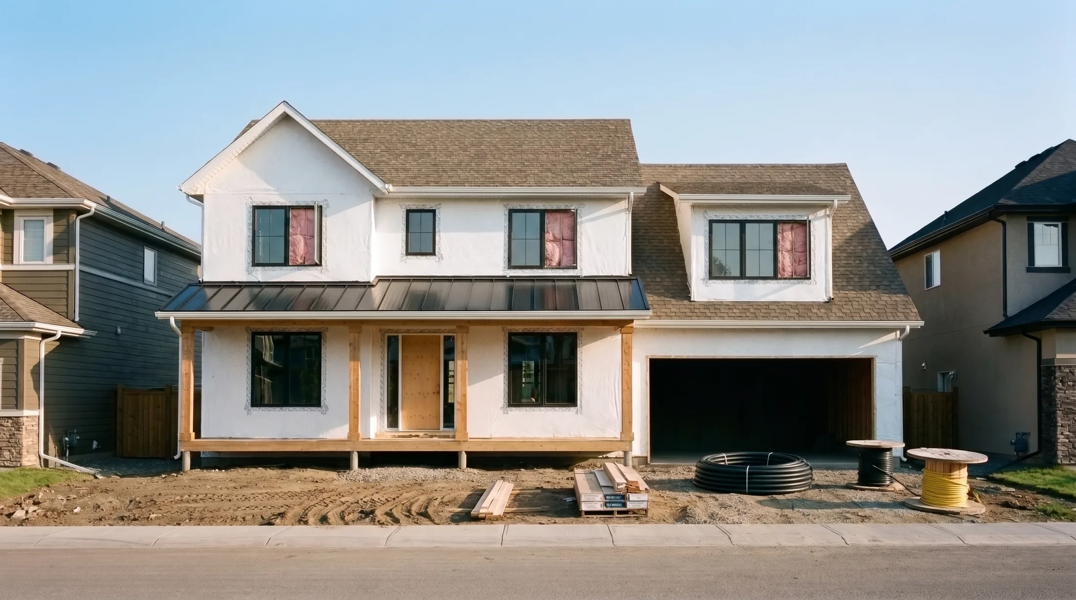 The same house during rough-ins: the porch roof metal on, gutters up, insulation in the windows