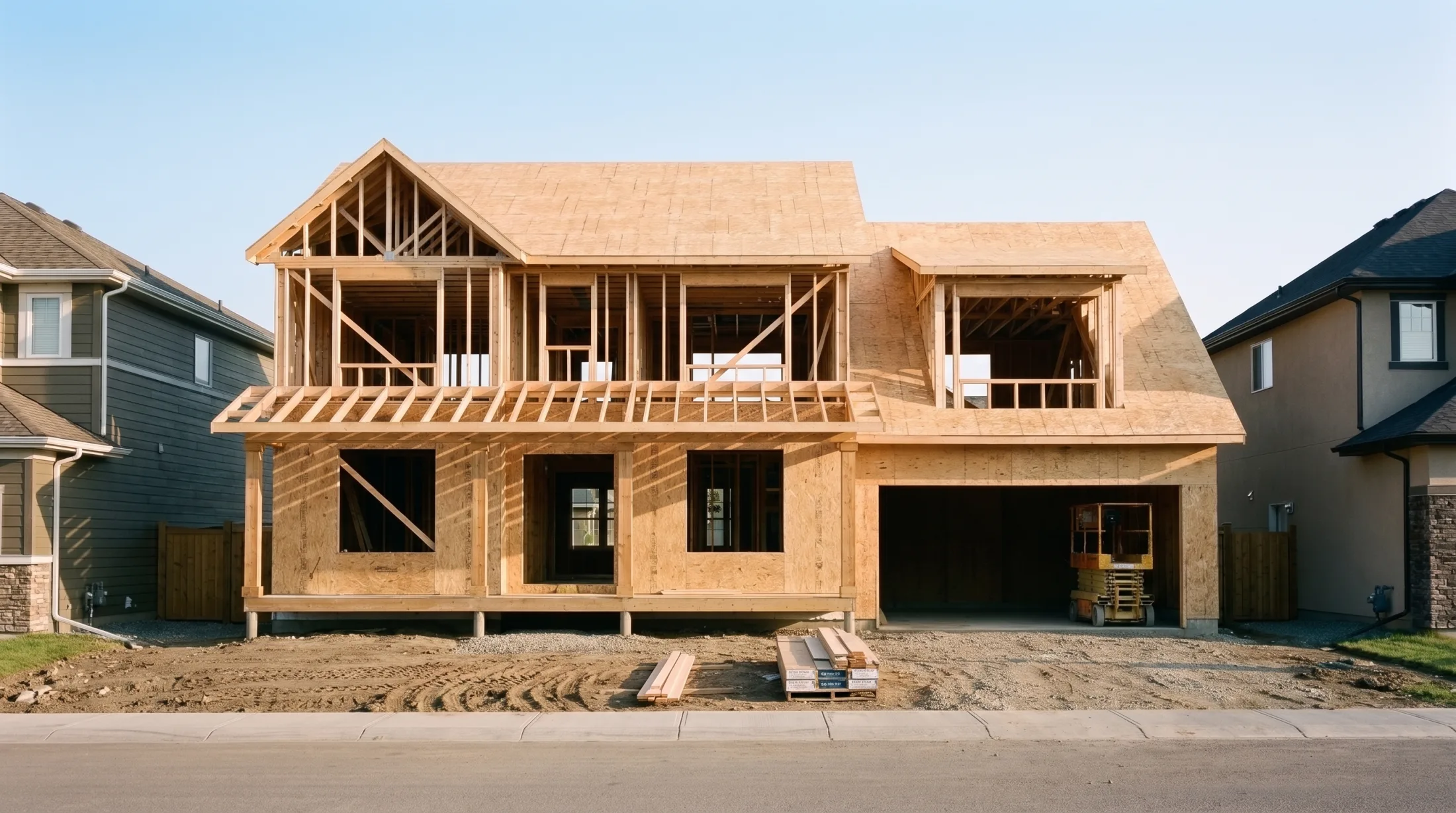The same house framed: two storeys of studs and the roof decked