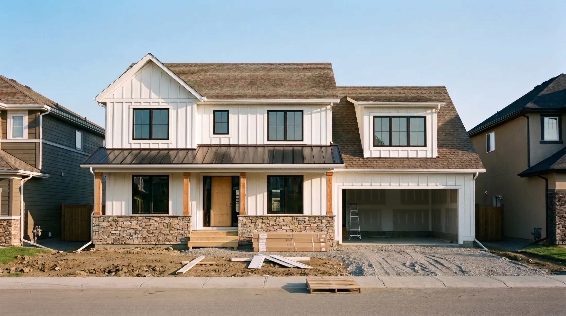 The same house with the white board-and-batten and the stone porch on, the garage still open