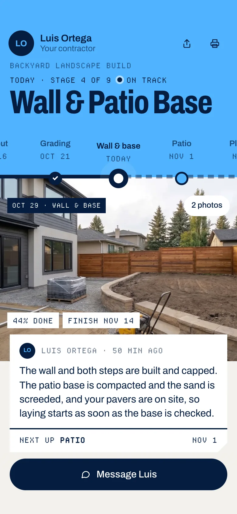 The Okafors’ live backyard timeline on their phone: Wall & Patio Base today, stage 4 of 9, on track