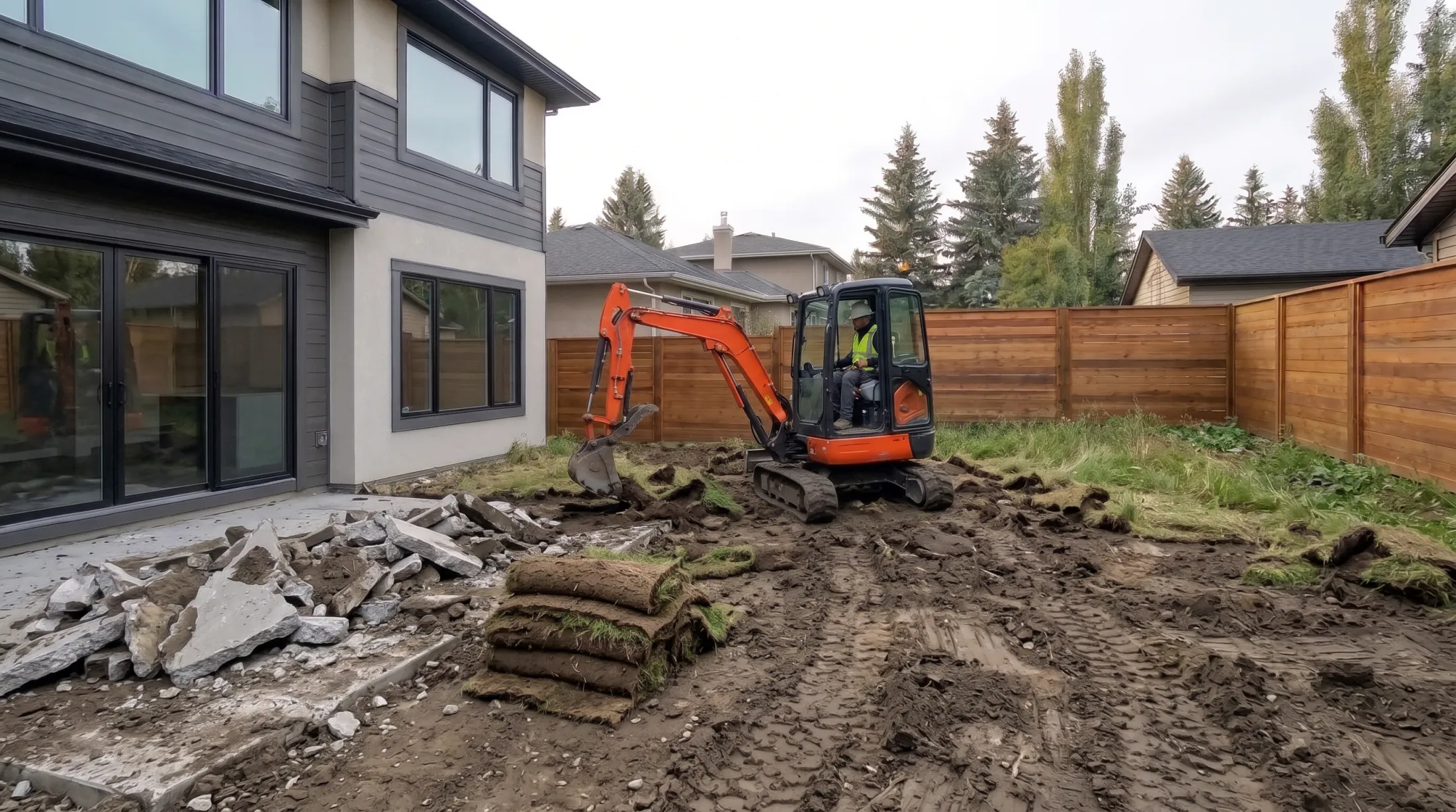 The Okafors’ backyard on tear-out day: a mini excavator stripping the old lawn and the old concrete patio broken up by the house