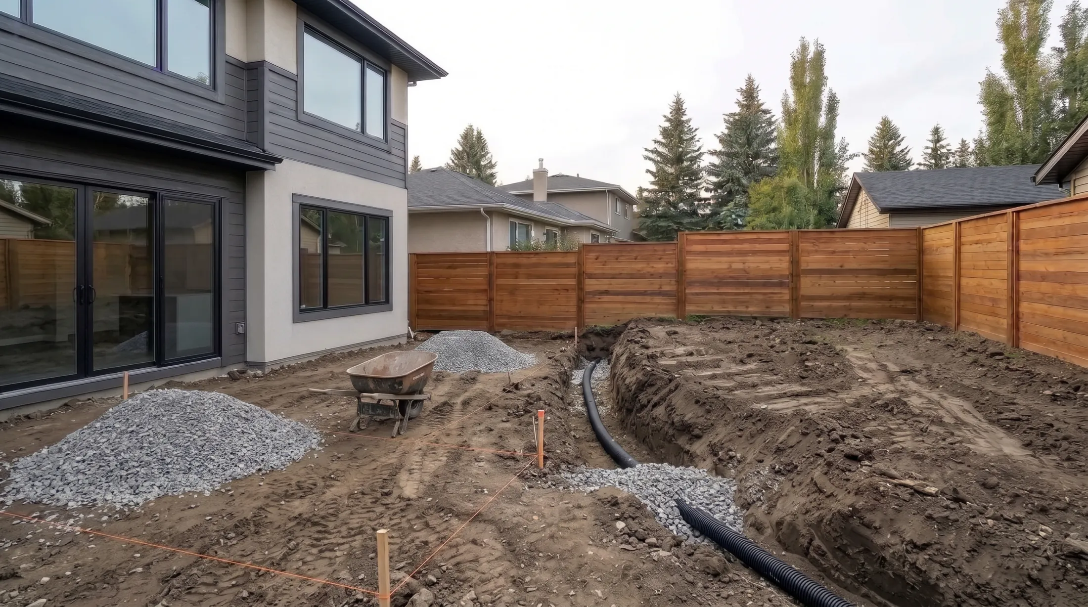 The same yard graded: a black drain line in its trench along the new bank, gravel piles and the patio edge staked out