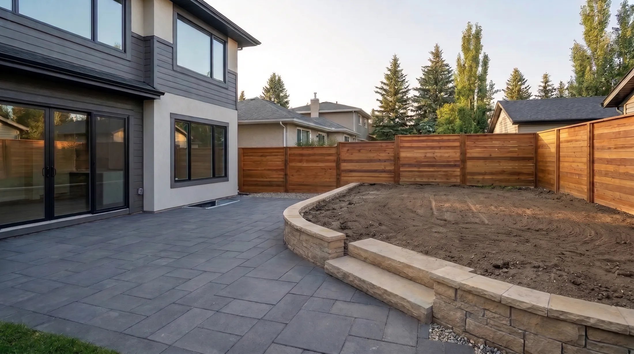 The same yard with the charcoal paver patio laid, the raised beds still bare soil