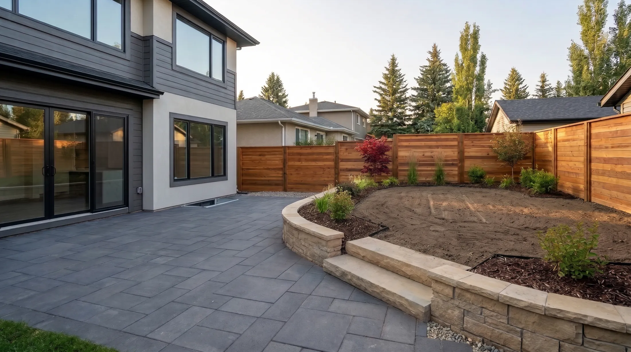 The same yard with the Japanese maple, shrubs, grasses and mulch planted, the lawn still raked soil