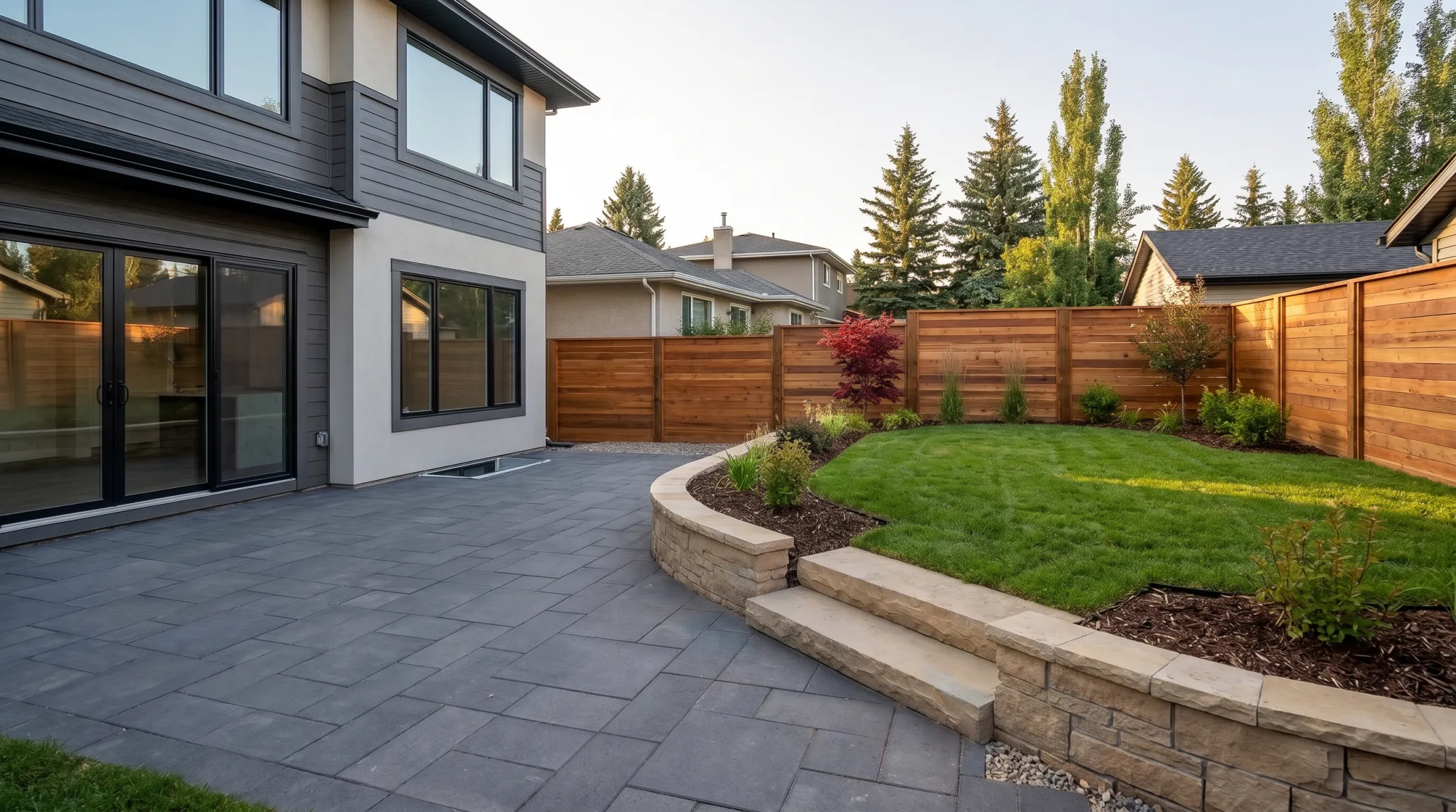 The same yard with fresh green sod on the raised lawn