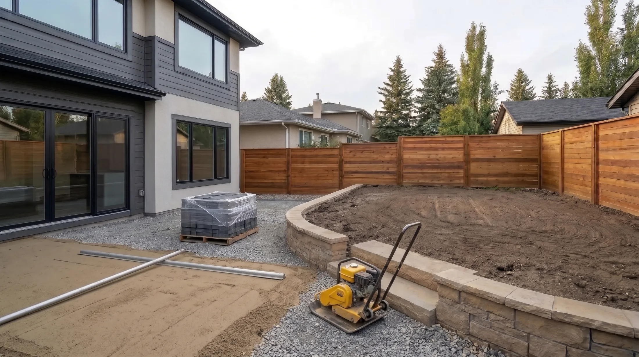 The same yard today: the curved stone wall and steps built, the patio base compacted and a pallet of pavers by the house