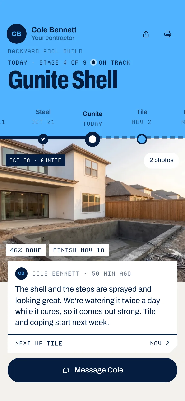 The Reyeses’ live pool timeline on their phone: Gunite Shell today, stage 4 of 9, on track
