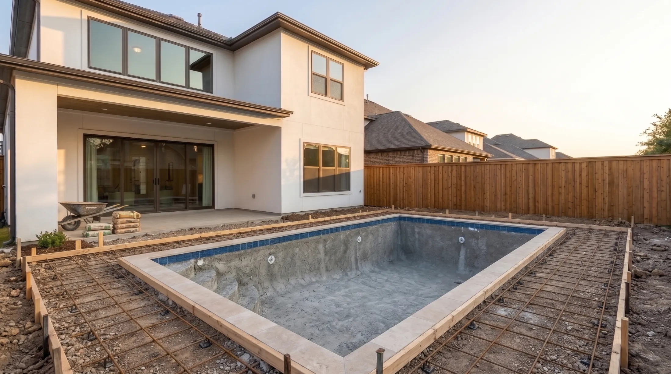 The same pool with the blue waterline tile and travertine coping set, the deck formed and steel laid