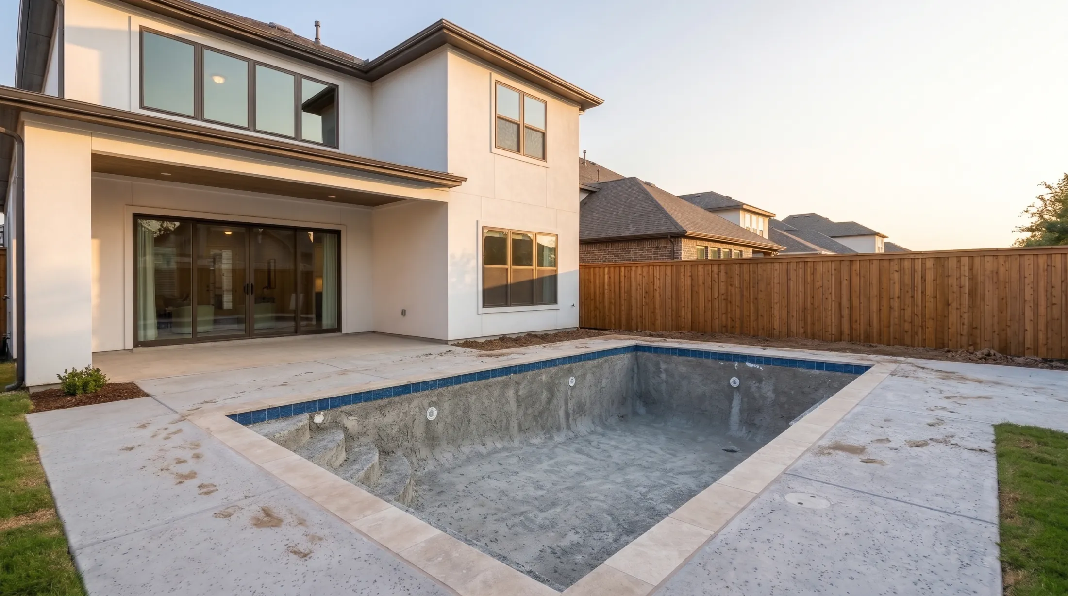 The same pool with the broom-finish concrete deck poured, the shell still bare grey