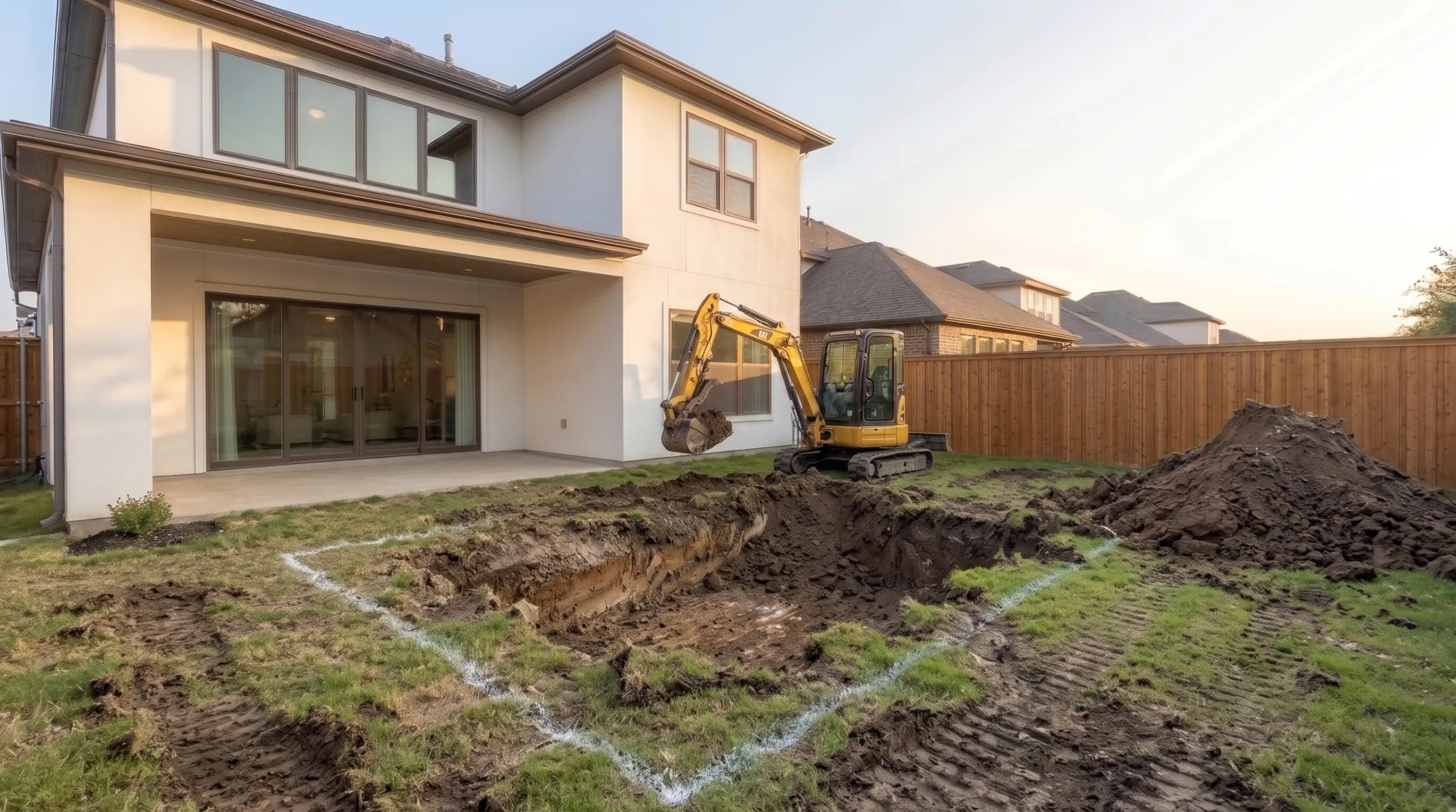 The Reyeses’ backyard on dig day: a mini excavator digging the pool hole, the rest of the outline painted on the lawn