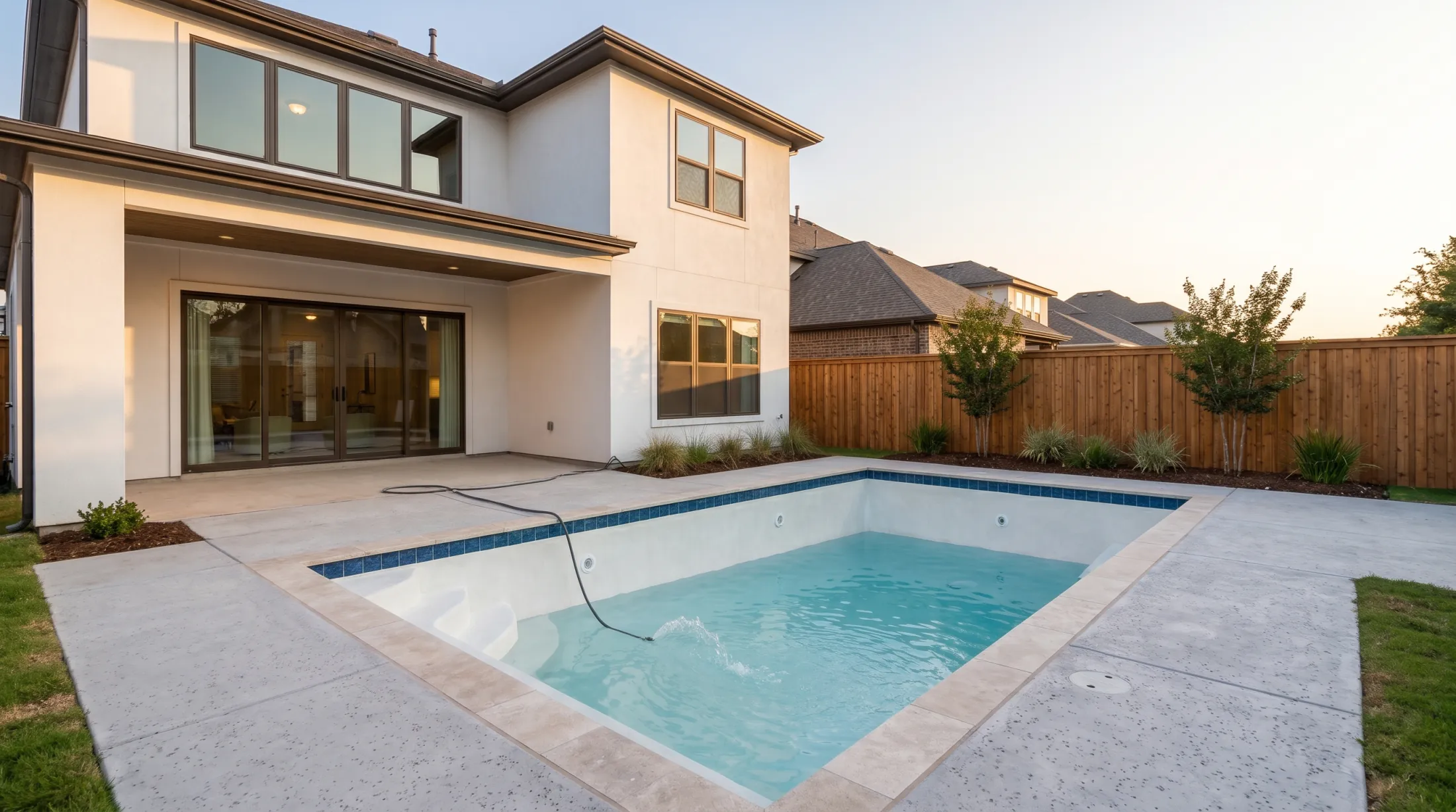 The same pool in fresh white plaster, half full, a hose running in over the coping
