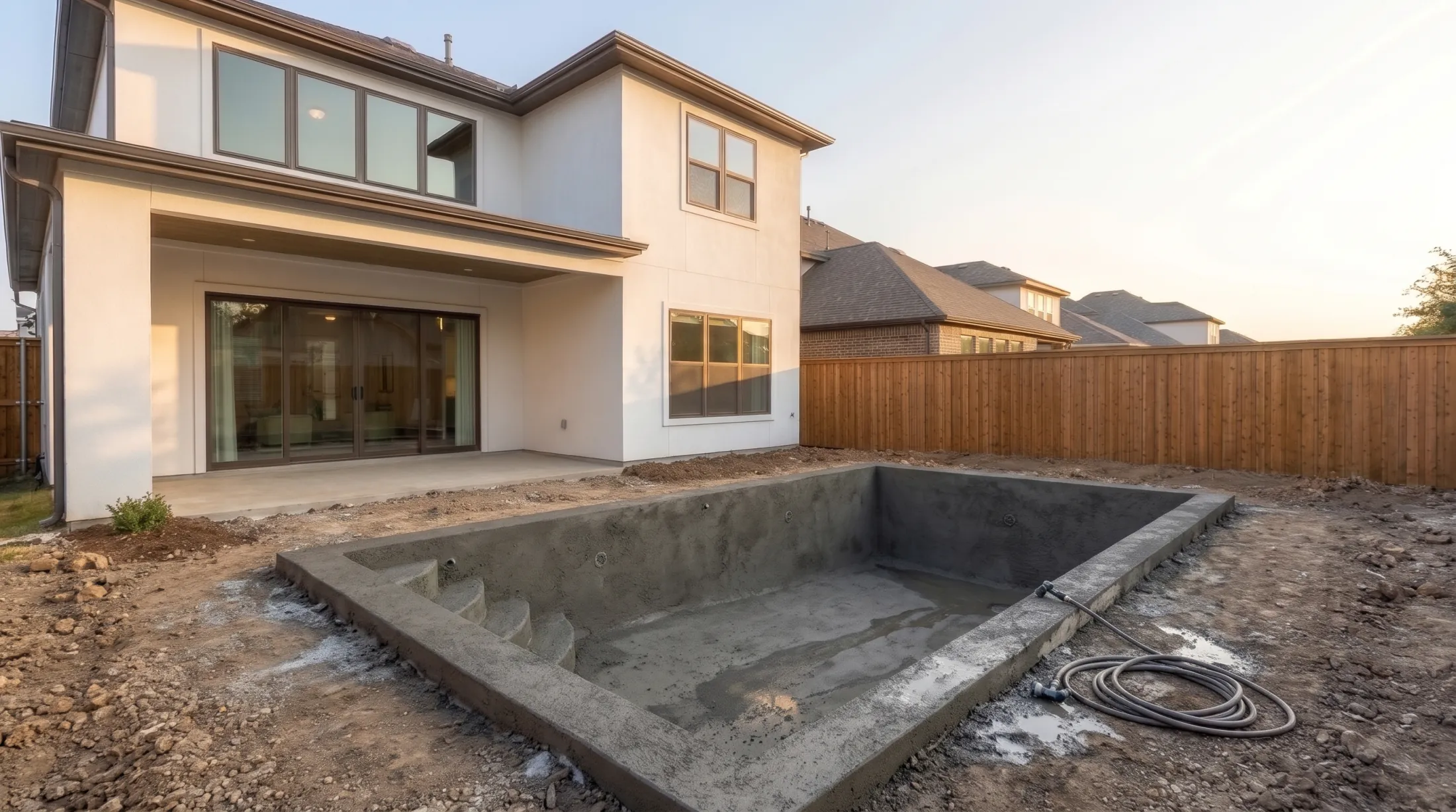 The same yard today: the grey gunite shell and steps sprayed and curing, a hose coiled on the edge