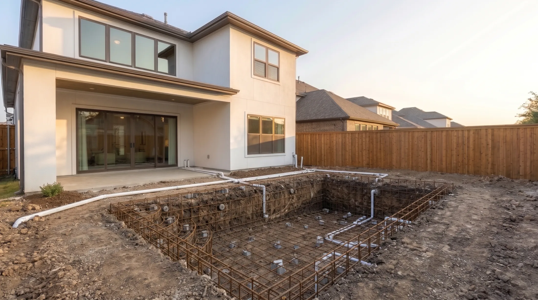 The same yard with the pool dug, a rebar cage tied on the walls, floor and steps and white plumbing lines running to the house